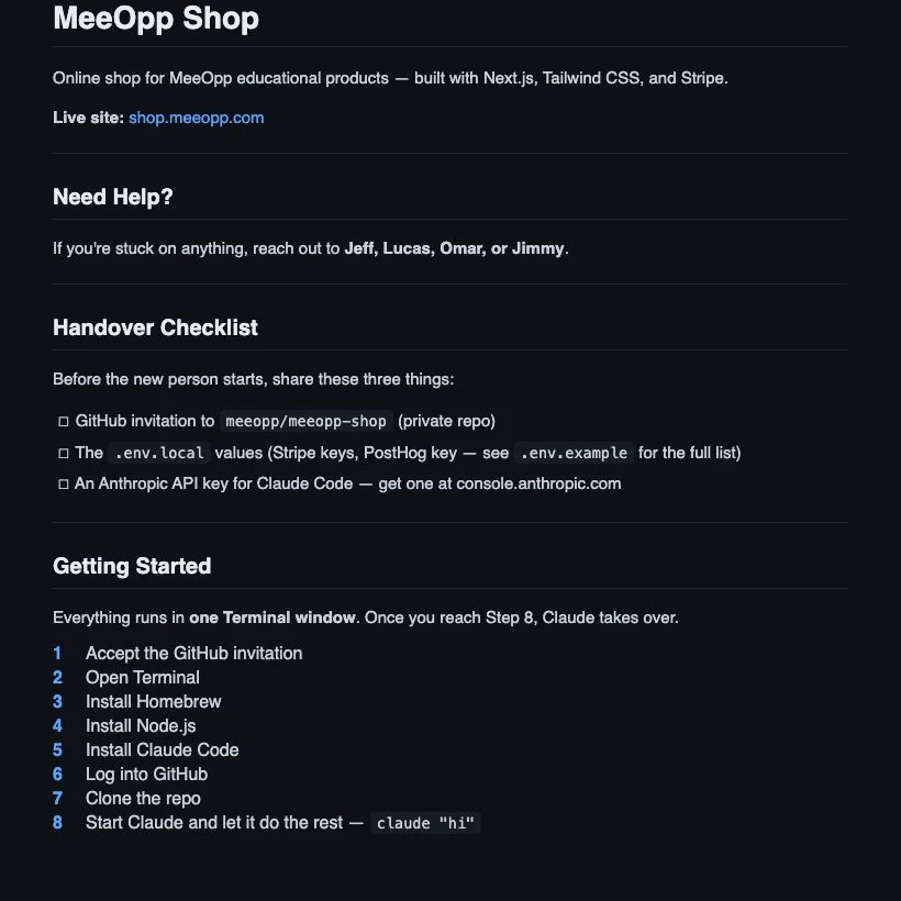 README handover checklist and 8-step onboarding guide