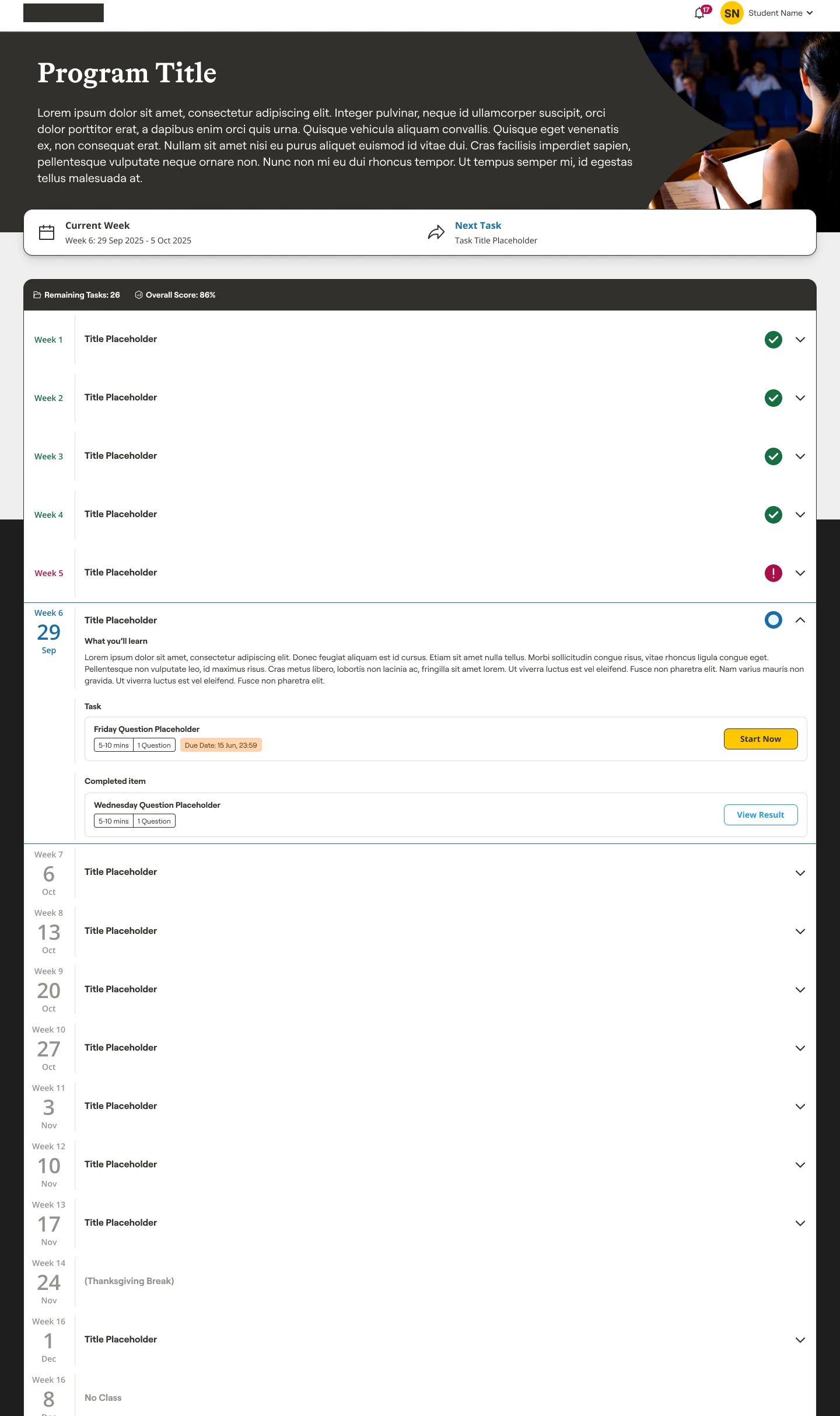 Course homepage with weekly check-ins